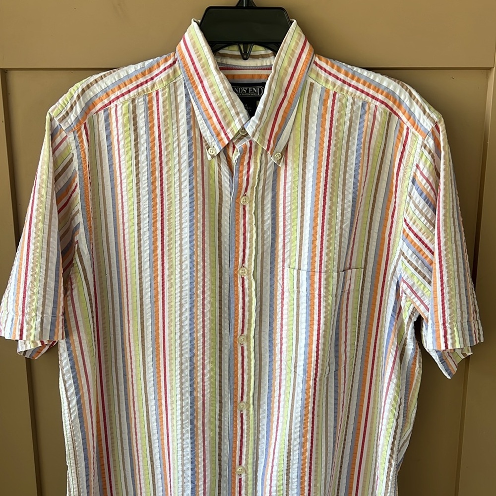 Land’s End Men’s M Seersucker Button-down Shirt Rainbow Stripe - Picture 2 of 7